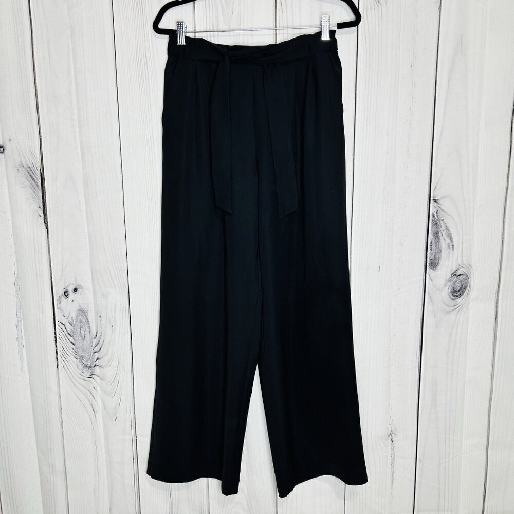LULULEMON Noir Pant Women Sz 10 Wide Leg Tie Elastic Waist Black Slash Pockets